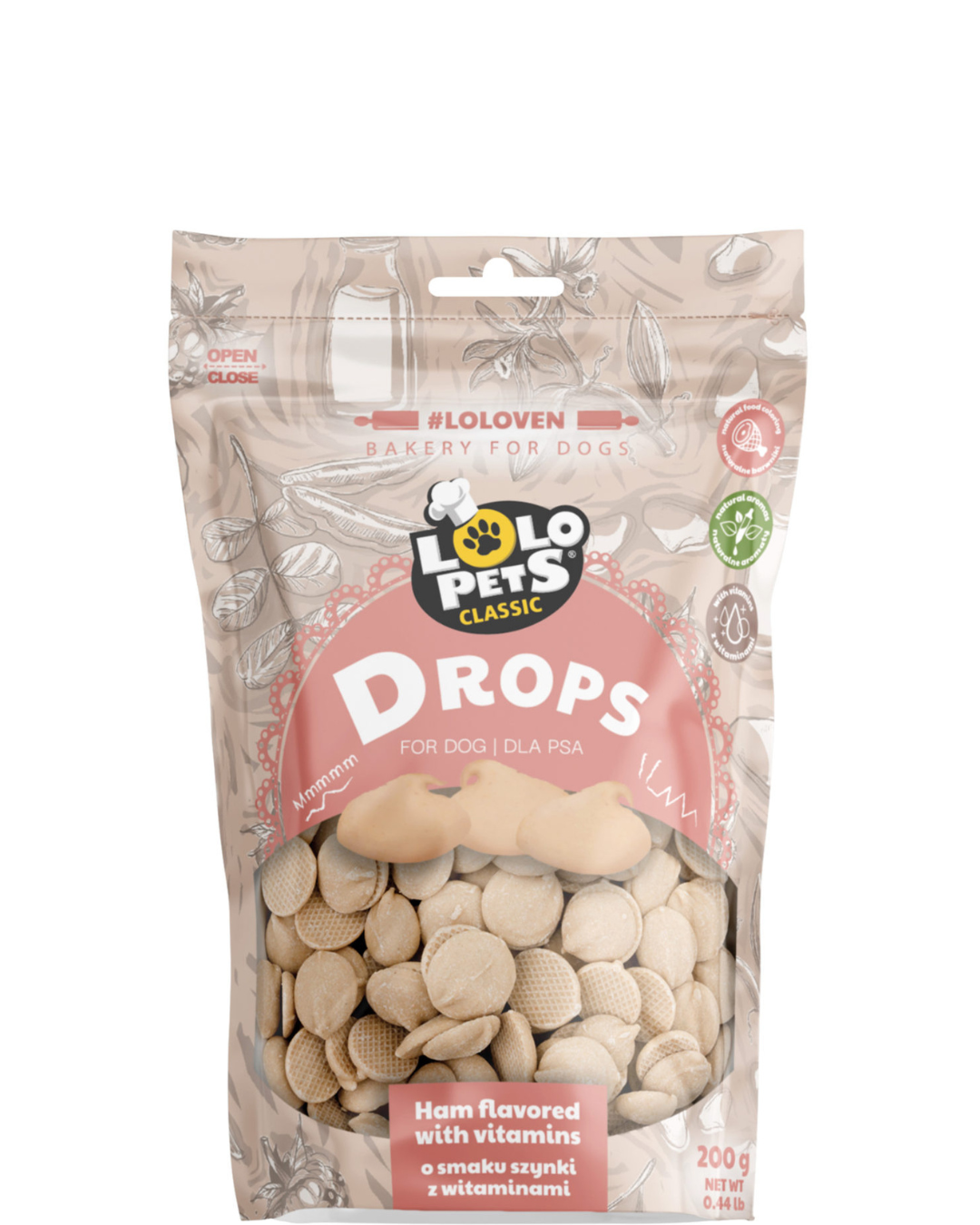 Lolo Pets Drops - лакумства за куче с  вкус на шунка и витамини - 200 гр