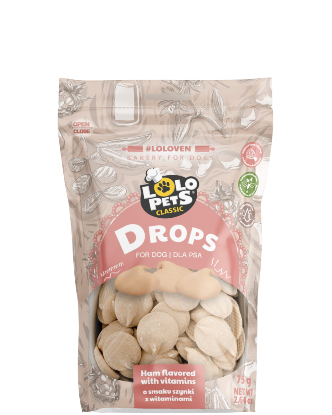 Lolo Pets Drops - лакумства за куче с вкус на шунка и витамини - 75 гр