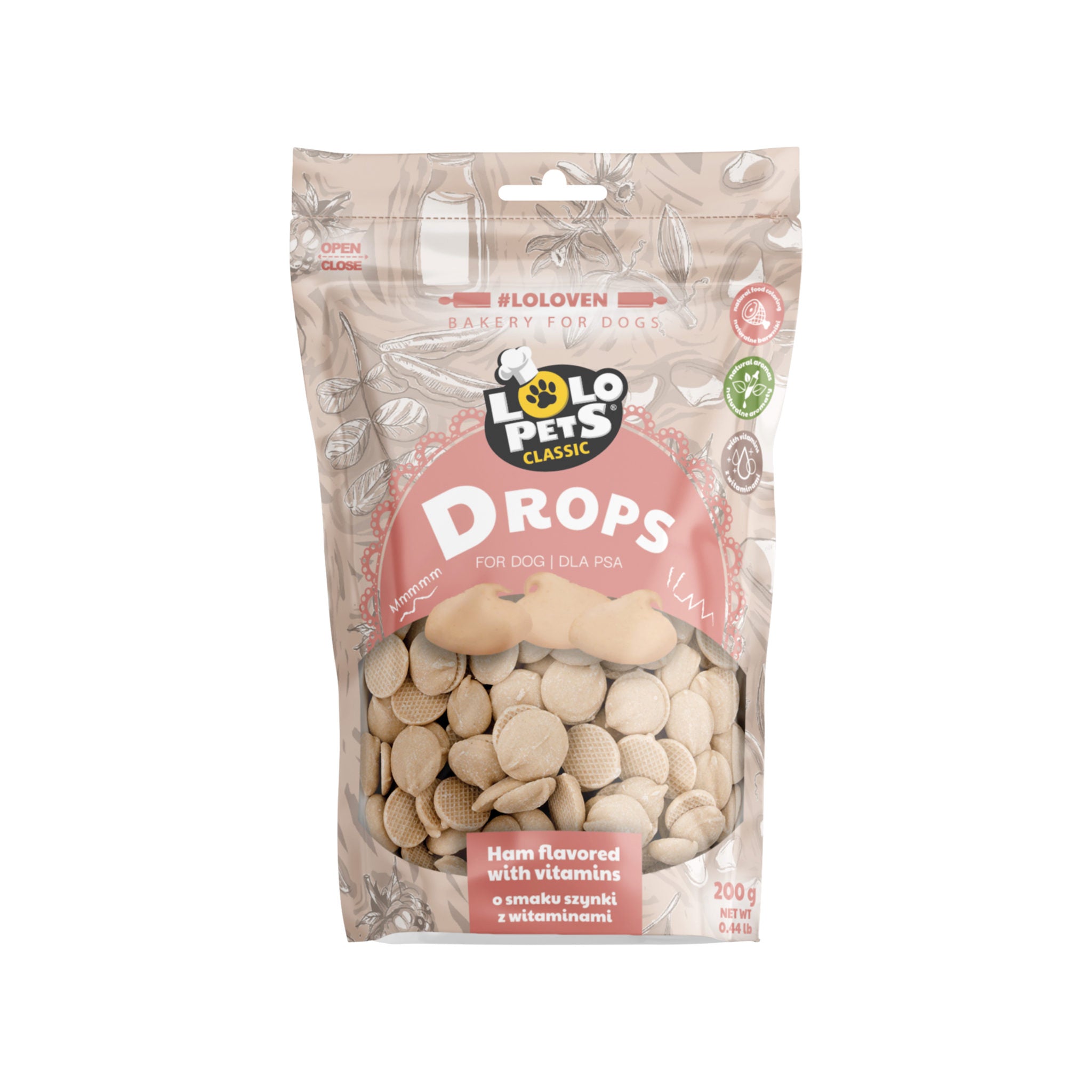Lolo Pets Drops - лакумства за куче с  вкус на шунка и витамини - 200 гр